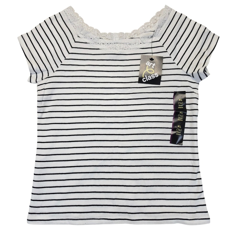 Art Class Girls XL 14 Black White Striped Lace Trim Short Sleeve Cotton Top NWT